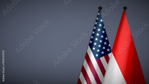 3D rendering of two flag from United States and Indonesia on flagpoles with Gray background for diplomatic. bilateral relations. peace and conflict between countries. Fabric photo