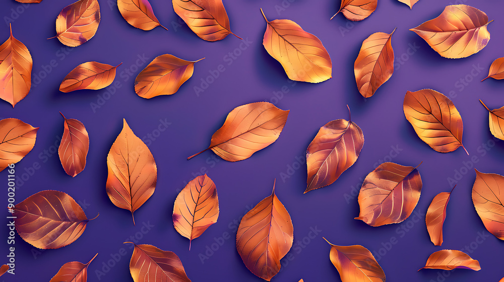 Pattern of dry orange metallic leaves on violet background