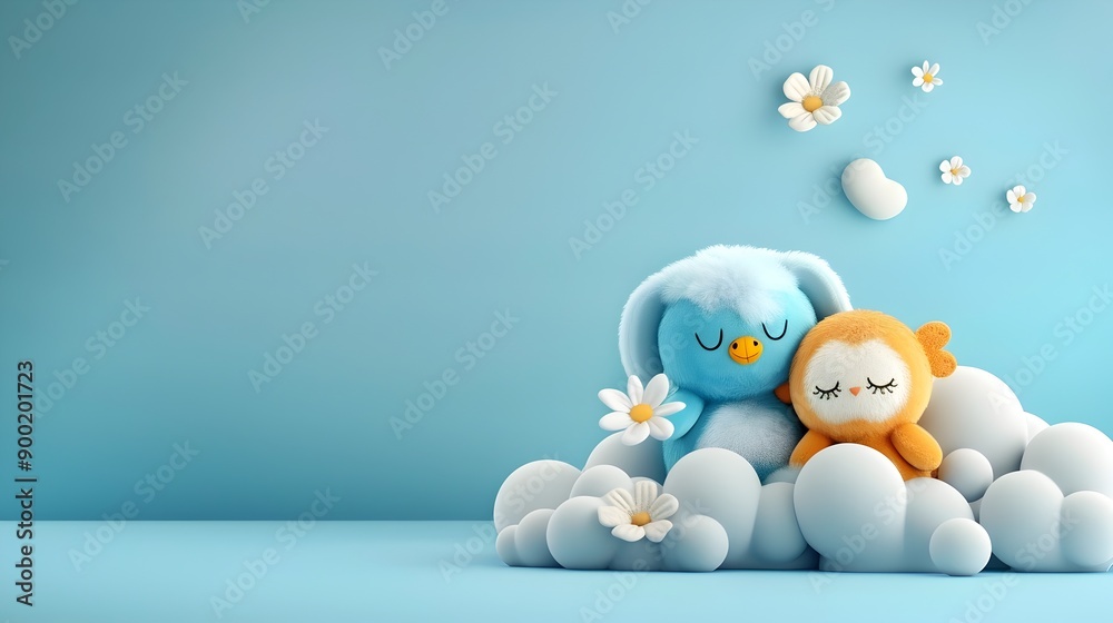 Obraz premium Cute and Cozy Plush Animal Toys on Sky Blue Background