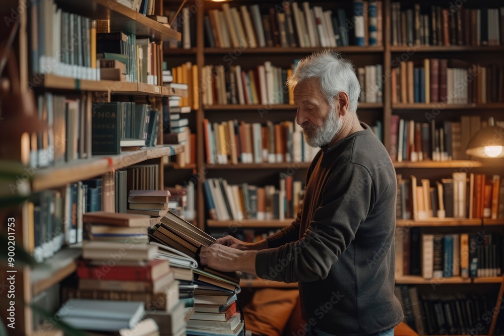 Older man searching for a book in a library. Older man searching for a book in a library.