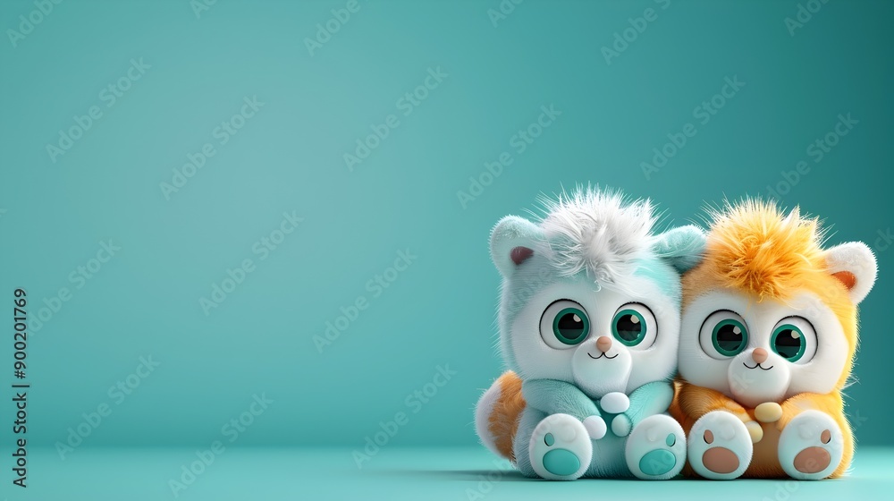 Fototapeta premium Whimsical Teal Backdrop with Cute Plush Animal Toys