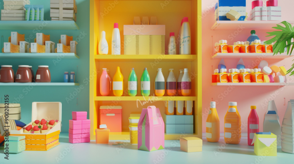 A vibrant display of various household products on colorful shelves in a well-lit store. A vibrant display of various household products on colorful shelves in a well-lit store.