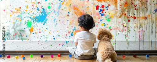 Child and dog on floor facing colorful painted wall, natural light, scattered paint supplies.