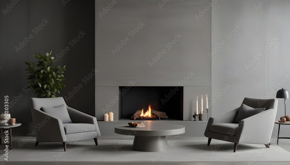 Modern living room with a concrete fireplace, two gray armchairs, and a round coffee table with a candle centerpiece. Generative AI Modern living room with a concrete fireplace, two gray armchairs, and a round coffee table with a candle centerpiece. Generative AI