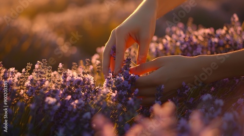 Close-up of woman habds touches of the flowers of lavender flowers in purple field. Woman walking in the sunrise and breathes the scent of Provencal herbs.  photo