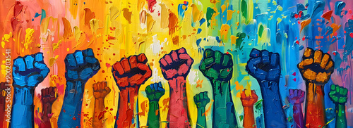 "Abstract Painting of Raised Fists in Different Colors"