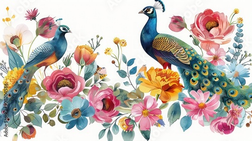 Peacock, traditional mughal garden, Vintage abstract background, this is an illustration of a traditional Mughal garden with an arch.