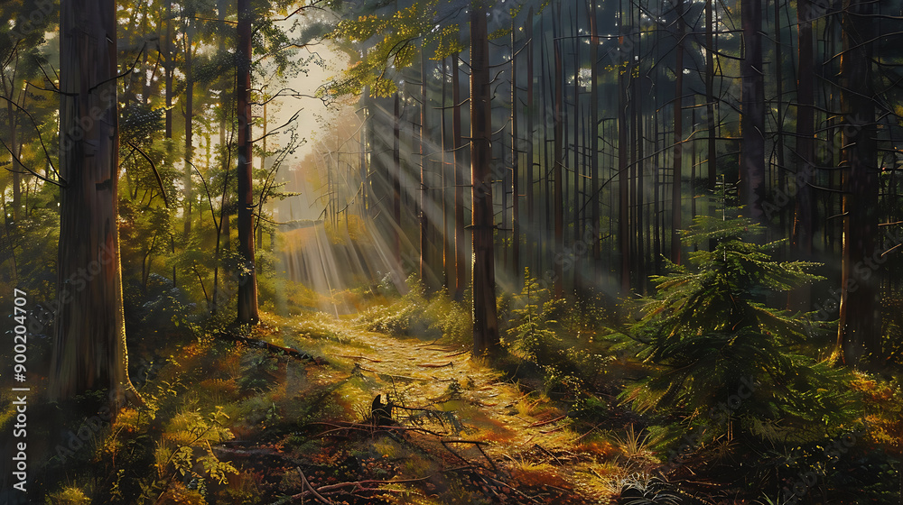 Naklejka premium Wald Panorama mit Sonnenstrahlen