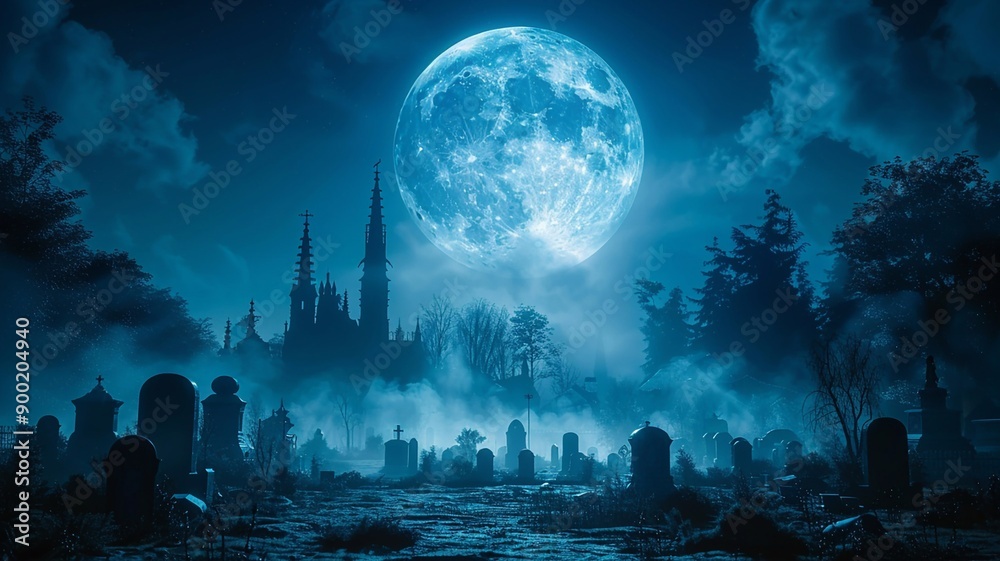 Full moon casting eerie shadows over a Gothic castle and misty cemetery, perfect Halloween night setting, high resolution realistic. Full moon casting eerie shadows over a Gothic castle and misty cemetery, perfect Halloween night setting, high resolution realistic.