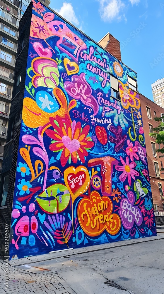 Obraz premium A vibrant friendship-themed mural on the side of a building, filled with bright colors and positive messages.