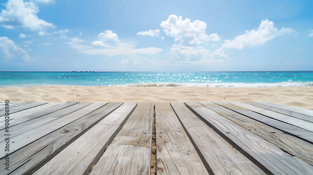 Fototapeta premium Wooden floor or plank on sand beach in summer. For product display.Calm Sea and Blue Sky Background.