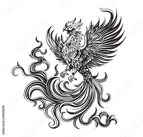 Abstract Phoenix Outline Bird Curve Portrait. One Line Drawn Phoenix Fantasy Bird Sketch Silhouette Logo. Line Drawn Editable Magic Mascot Bird Portrait isolated on White Background