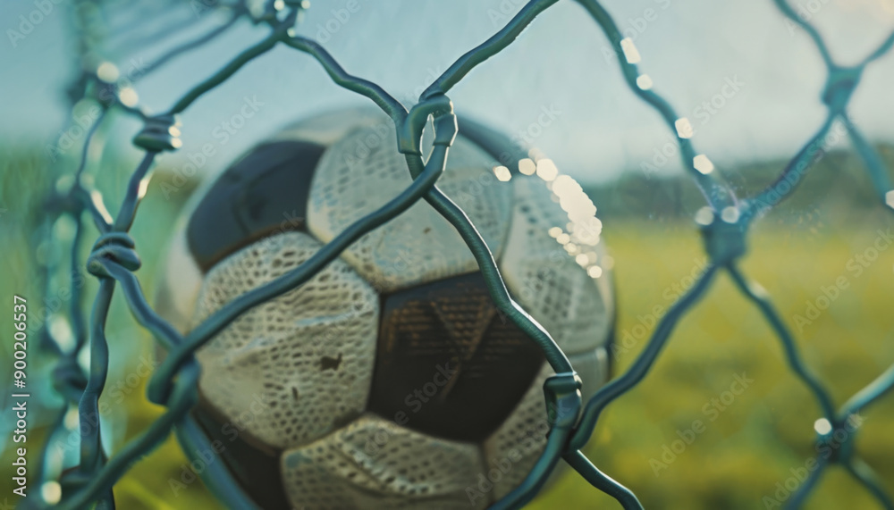 A soccer ball partially visible through a wire fence with the grass in the background A soccer ball partially visible through a wire fence with the grass in the background