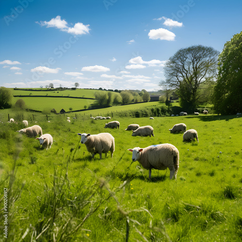 Sunlit Afternoon: Ewey Sheep Grazing Leisurely in a Vibrant Countryside © Sally