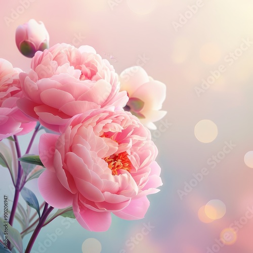 Vibrant pink peonies in soft focus with bokeh background, perfect for floral designs, nature themes, and romantic settings.