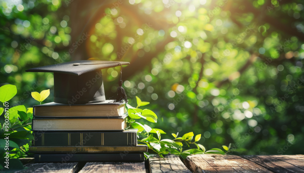 A graduation cap atop a stack of books in a natural setting A graduation cap atop a stack of books in a natural setting