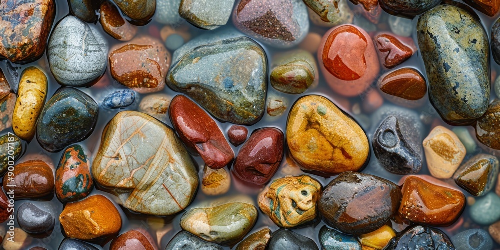 Close-Up of Wet Pebbles with Water Droplets in Vibrant Natural Colors Close-Up of Wet Pebbles with Water Droplets in Vibrant Natural Colors