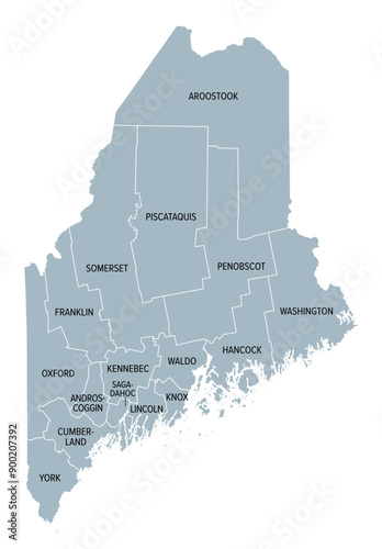 Maine counties, gray political map with borders and county names. State in the New England region of the United States, subdivided into 16 counties. Nicknamed Pine Tree State, or also Vacationland.