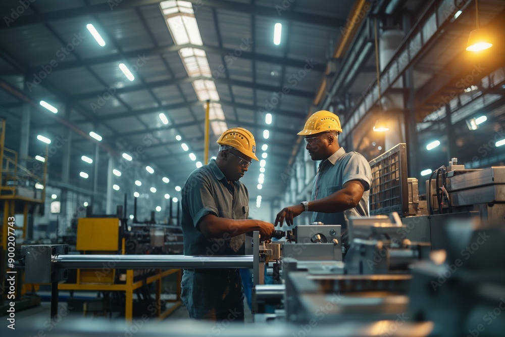 Obraz premium Two Engineers Collaborating on Machinery in a Well-Lit Industrial Factory