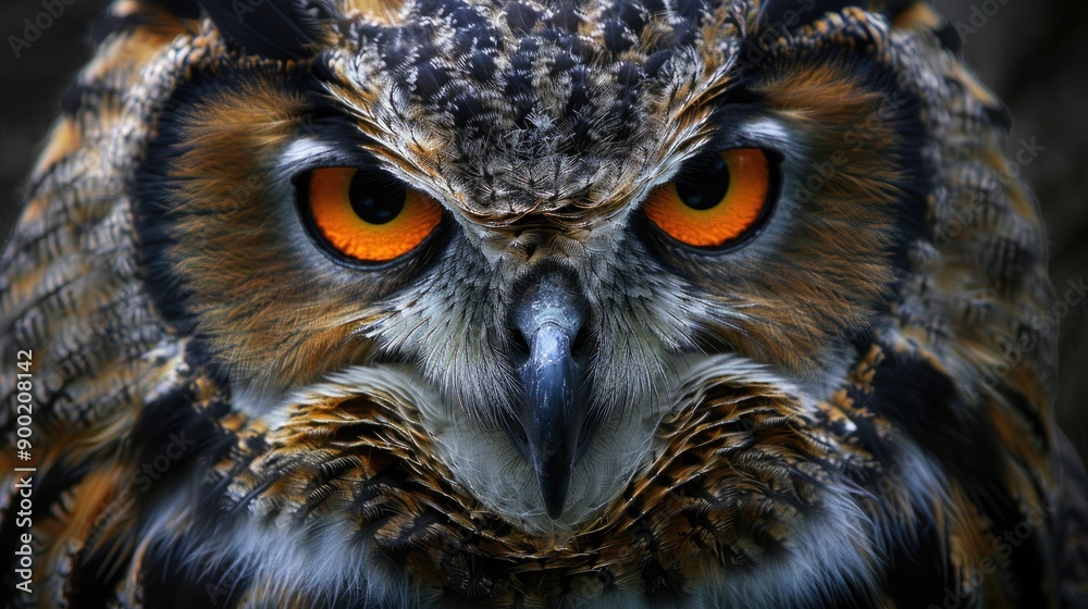 portrait of an Eurasian Eagle Owl staring directly at the camera, its powerful gaze intensified by its striking orange eyes, with this inviting photo. portrait of an Eurasian Eagle Owl staring directly at the camera, its powerful gaze intensified by its striking orange eyes, with this inviting photo.