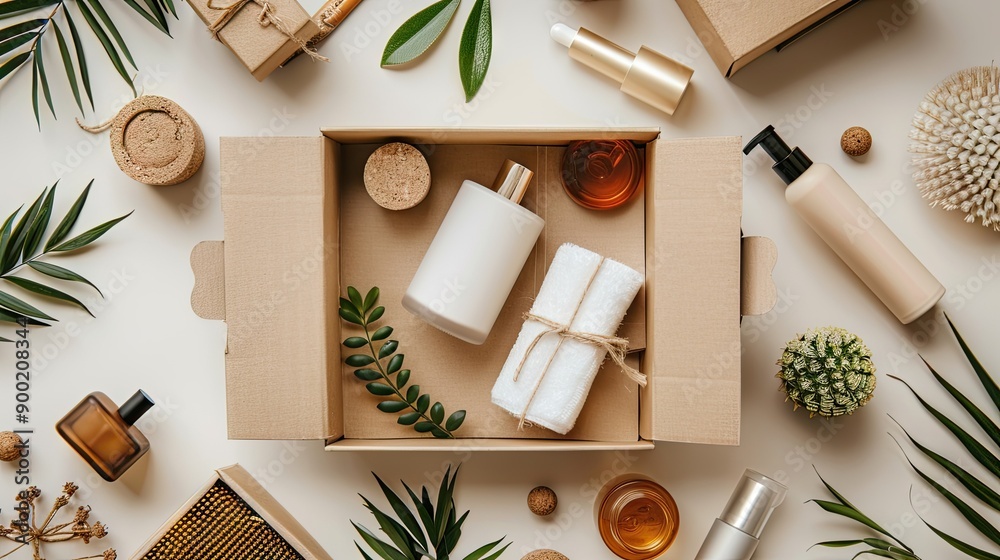 subscription carton box with various products around it, leaving space for text. Great for advertising campaigns with this inviting photo. subscription carton box with various products around it, leaving space for text. Great for advertising campaigns with this inviting photo.