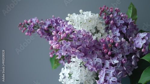 mix of purple lilac flowers and white viburnum in a bouquet, set against a gray background to highlight their natural beauty with this inviting photo.