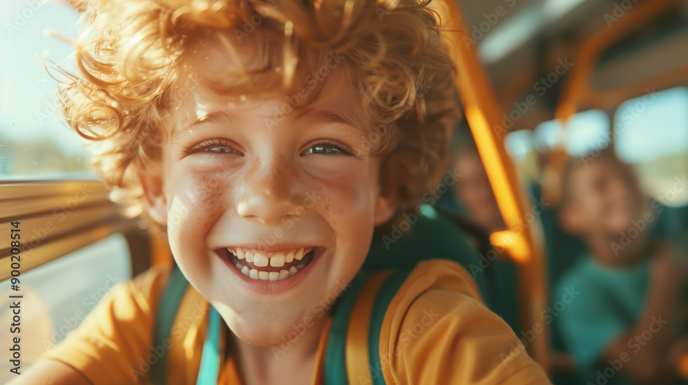 The happy child is smiling while riding on the school bus with friends to his private academy or high school The happy child is smiling while riding on the school bus with friends to his private academy or high school