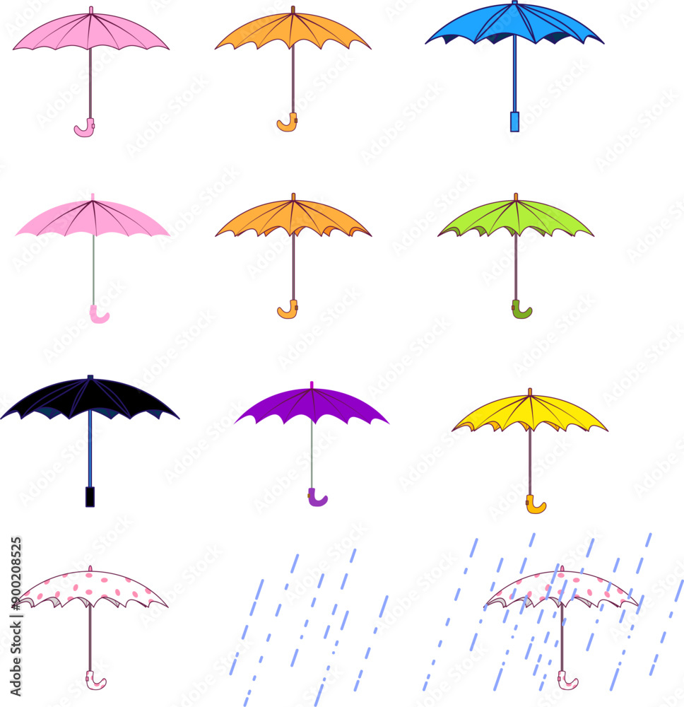 Obraz premium A set of umbrellas of different colors and a little rain. Vector illustration umbrellas side view. umbrellas with outlines of different colors. Autumn set of umbrellas with red spots