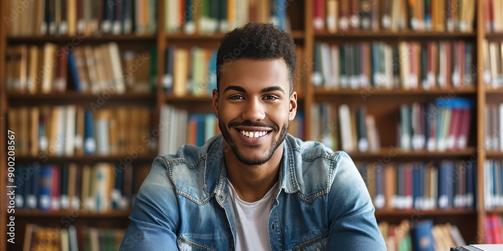 Smiling Student in Casual Attire Posing in Library with Bookshelves in Background Smiling Student in Casual Attire Posing in Library with Bookshelves in Background