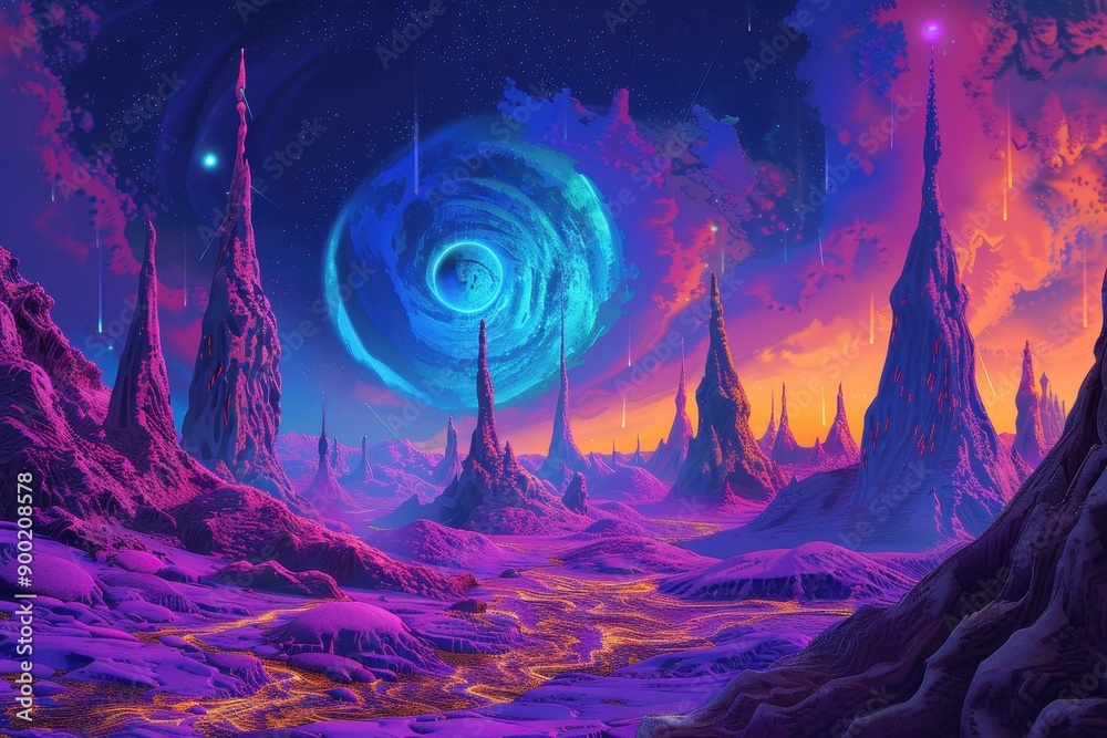 Fototapeta premium A surreal alien landscape with tall rock formations and a glowing blue ring in the sky
