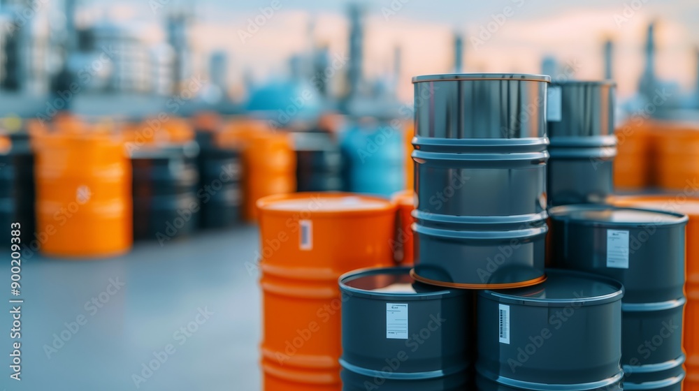 Toxic chemical storage area, multiple barrels stacked and labeled, industrial backdrop, emphasizing danger and safety Toxic chemical storage area, multiple barrels stacked and labeled, industrial backdrop, emphasizing danger and safety
