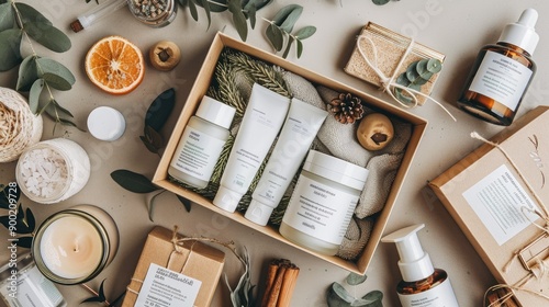 lay of a beauty subscription carton box with skincare products, leaving space for text for your marketing needs with this inviting photo.