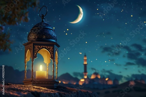 illustration of fantastic religious eid background with mosque and moon.