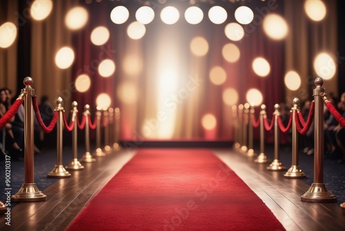 Dramatic spotlight illuminates star-studded entrance on glamorous red carpet stairs leading to golden hall of fame photo