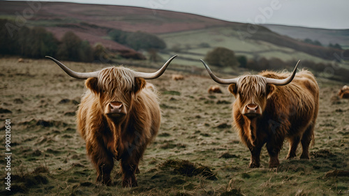 Scottish Highland Cows grazing in the South Wales Countryside, blurry backgound