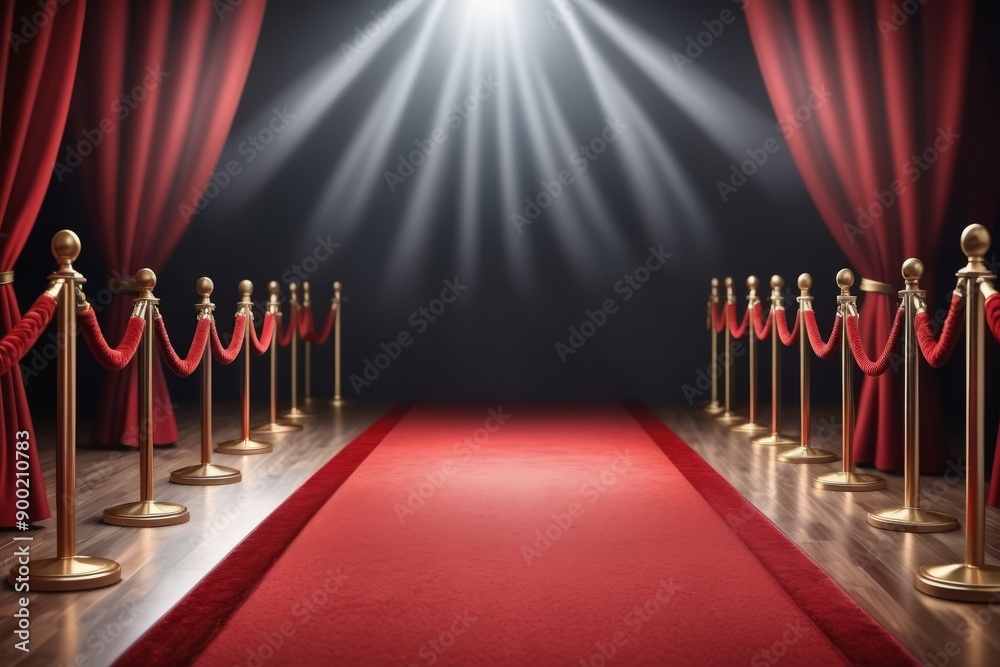 Dramatic spotlight illuminates star-studded entrance on glamorous red carpet stairs leading to golden hall of fame Dramatic spotlight illuminates star-studded entrance on glamorous red carpet stairs leading to golden hall of fame