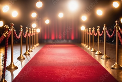 Dramatic spotlight illuminates star-studded entrance on glamorous red carpet stairs leading to golden hall of fame photo