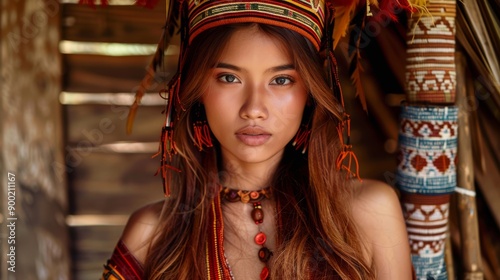 Beautiful Teen Filipino Woman in Tribal Attire Against Rustic Terracotta Backdrop