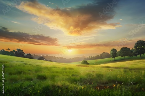 World environment day concept: Calm of country meadow sunrise landscape background. Generative AI