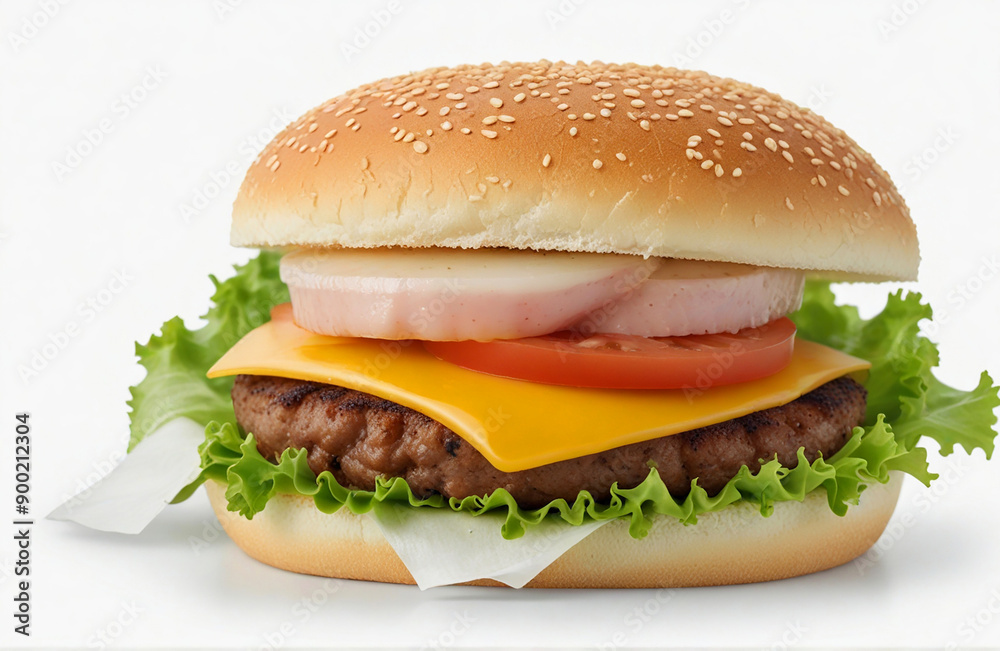 Hamburger with fish and cheesecut out on white background Hamburger with fish and cheesecut out on white background