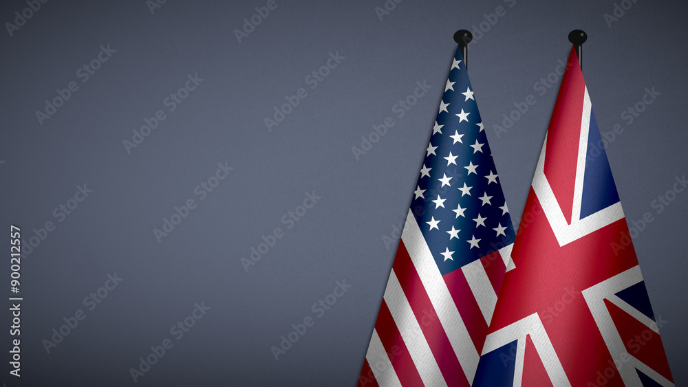 Fototapeta premium 3D rendering of two flag from United States and United Kingdom on flagpoles with Gray background for diplomatic. bilateral relations. peace and conflict between countries. Fabric
