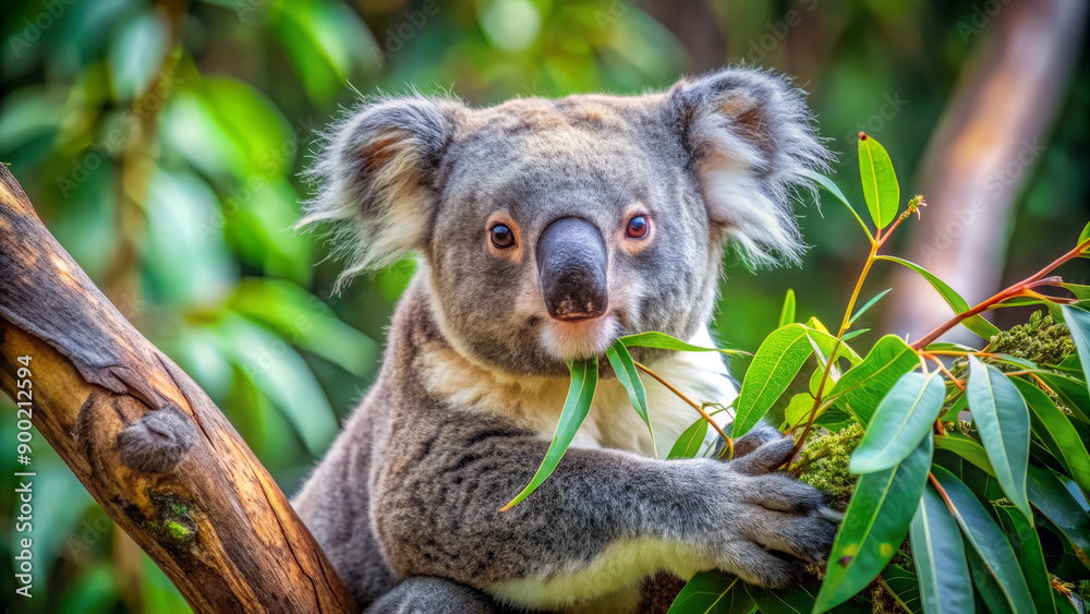 Fototapeta premium Koala Bear Eating Eucalyptus Leaves in a Tree.