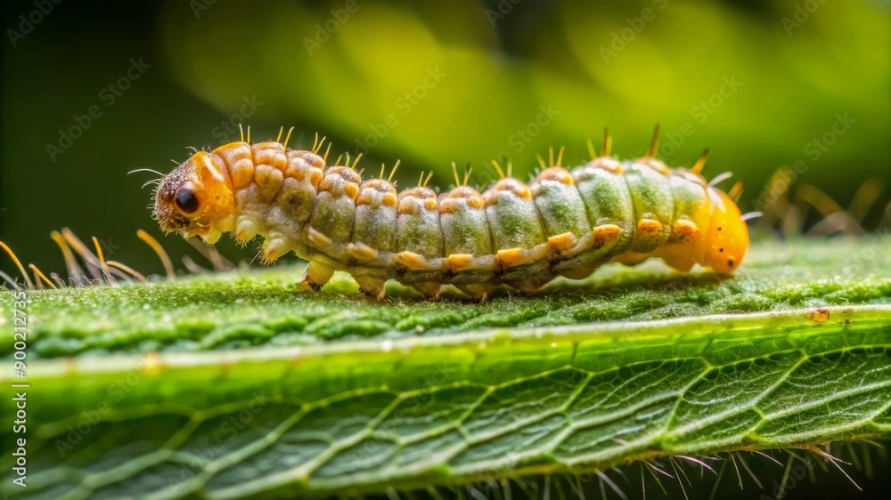 Fototapeta premium Green and Yellow Caterpillar on a Leaf.