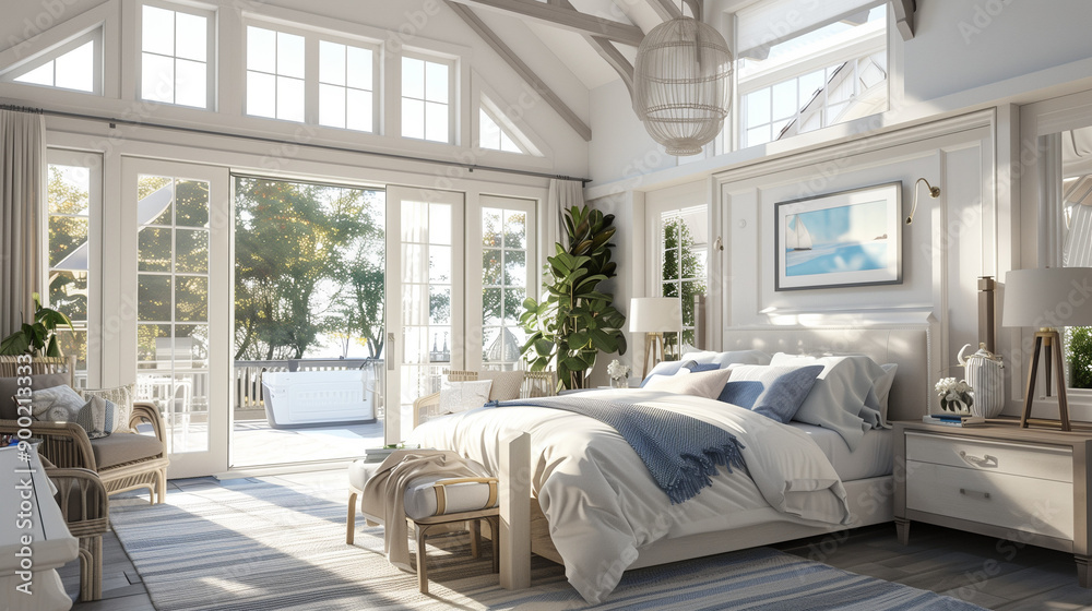 Bright and Airy Hamptons Style Bedroom: A Coastal Sanctuary with Natural Light, Elegant Décor, and Relaxing Views for a Perfect Retreat in Your Home