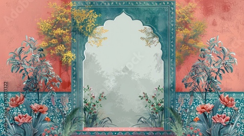 Traditional Jaipur architecture, Traditional Mughal pastel arch and flower, Mughal floral traditional ornament with arch and motif borders.