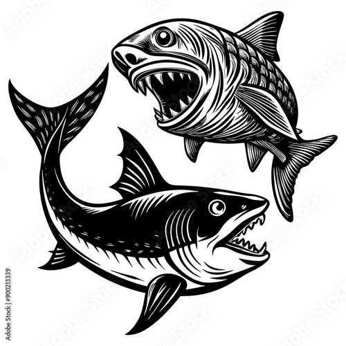 Shark Fish Illustration, Seamless Wild Bass Ocean Fish Silhouette