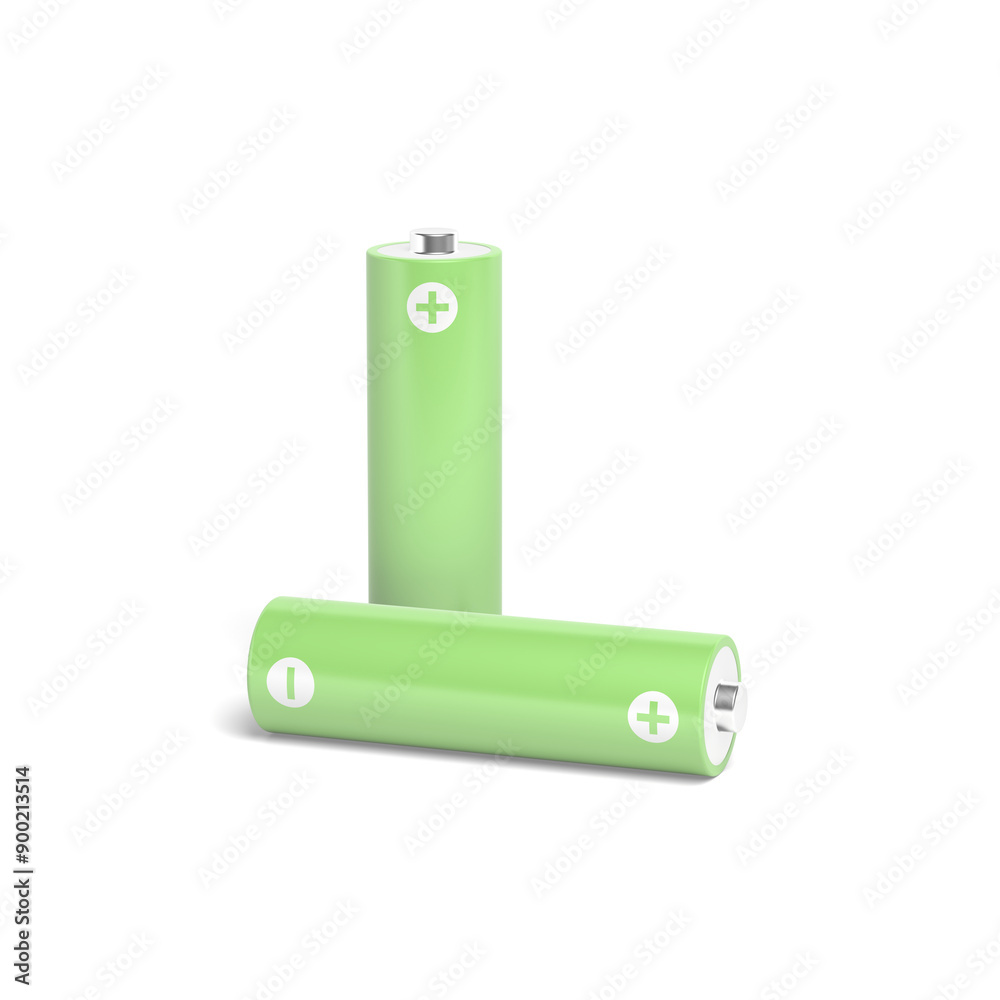 Two AA batteries isolated on white background. Green color. 3d illustration. Two AA batteries isolated on white background. Green color. 3d illustration.