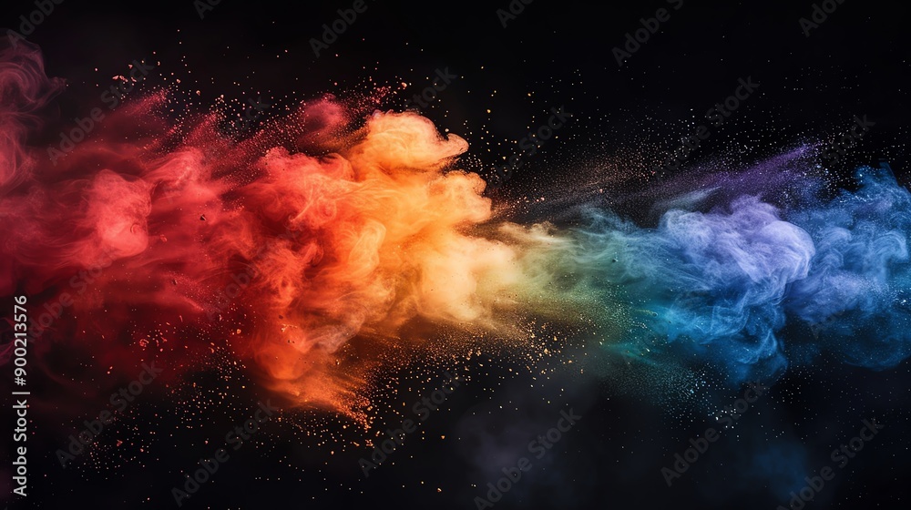 Fototapeta premium Abstract colorful smoke cloud exploding on black background.