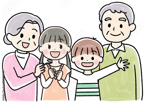 笑顔の孫と祖父母の水彩風手書きイラスト
