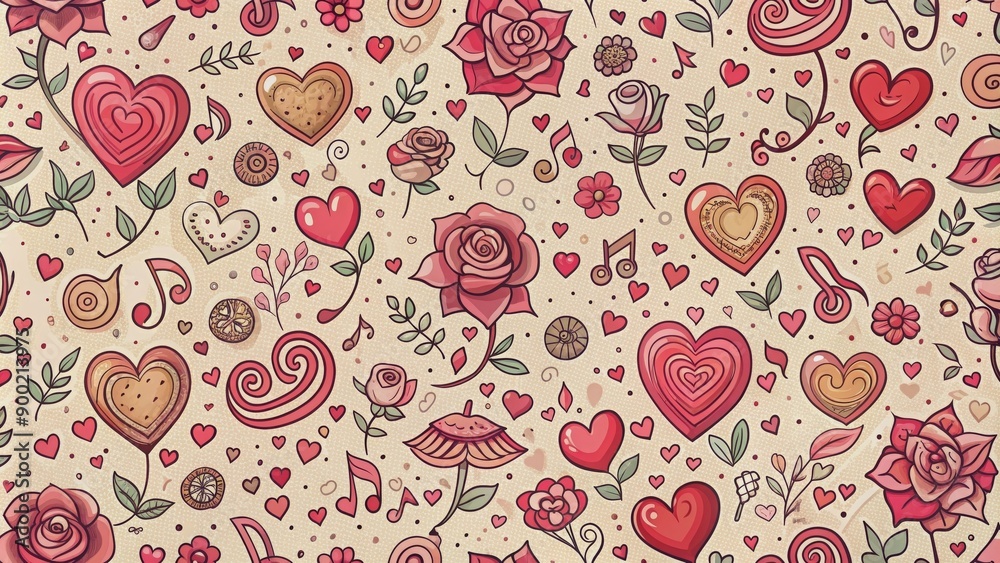 Valentine's Day themed doodle art pattern with hearts, roses, and musical notes , love, romance, February 14, celebration, holiday Valentine's Day themed doodle art pattern with hearts, roses, and musical notes , love, romance, February 14, celebration, holiday